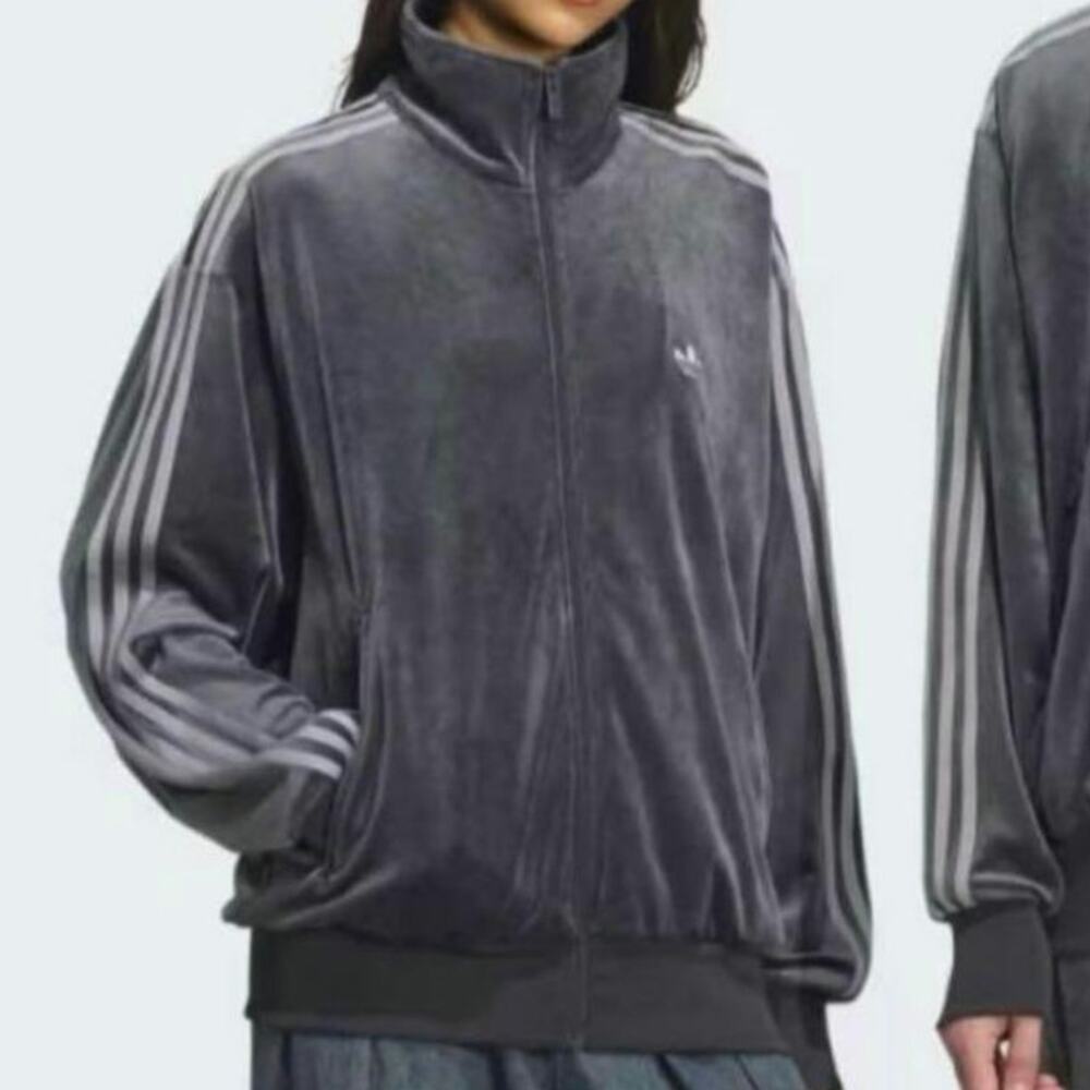 Plush Shimmery Pewter Adidas Velour Track Jacket Full-zip Embroidered Chest Logo